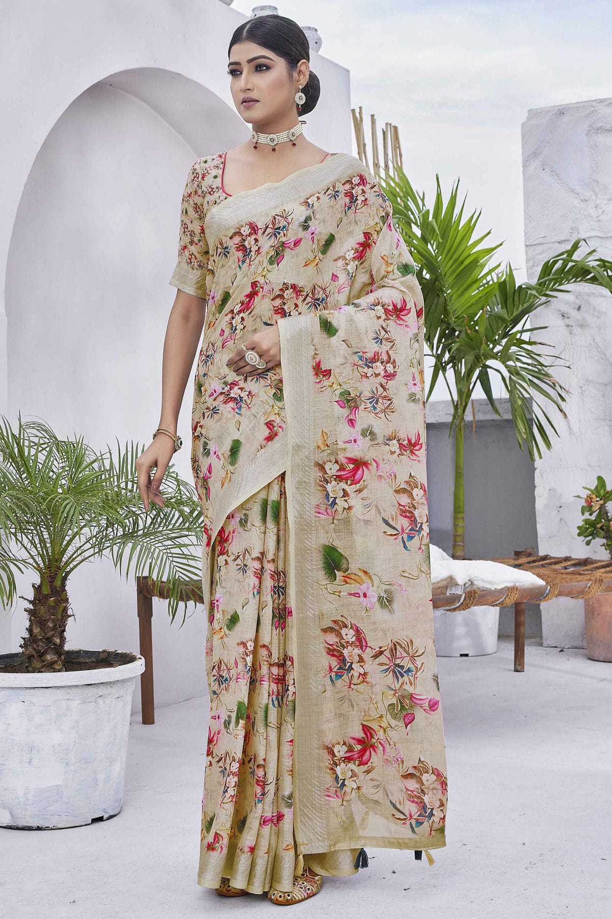 Beige Colour Linen Blend Printed Saree