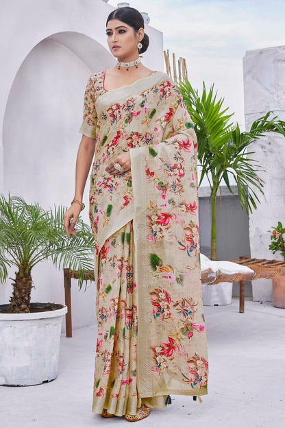 Beige Colour Linen Blend Printed Saree