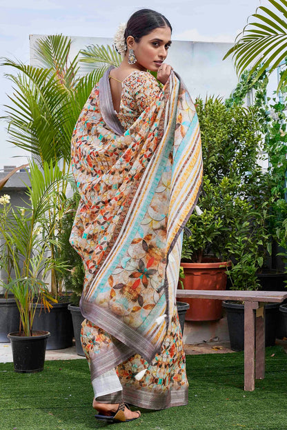 Beige Colour Linen Blend Printed Saree