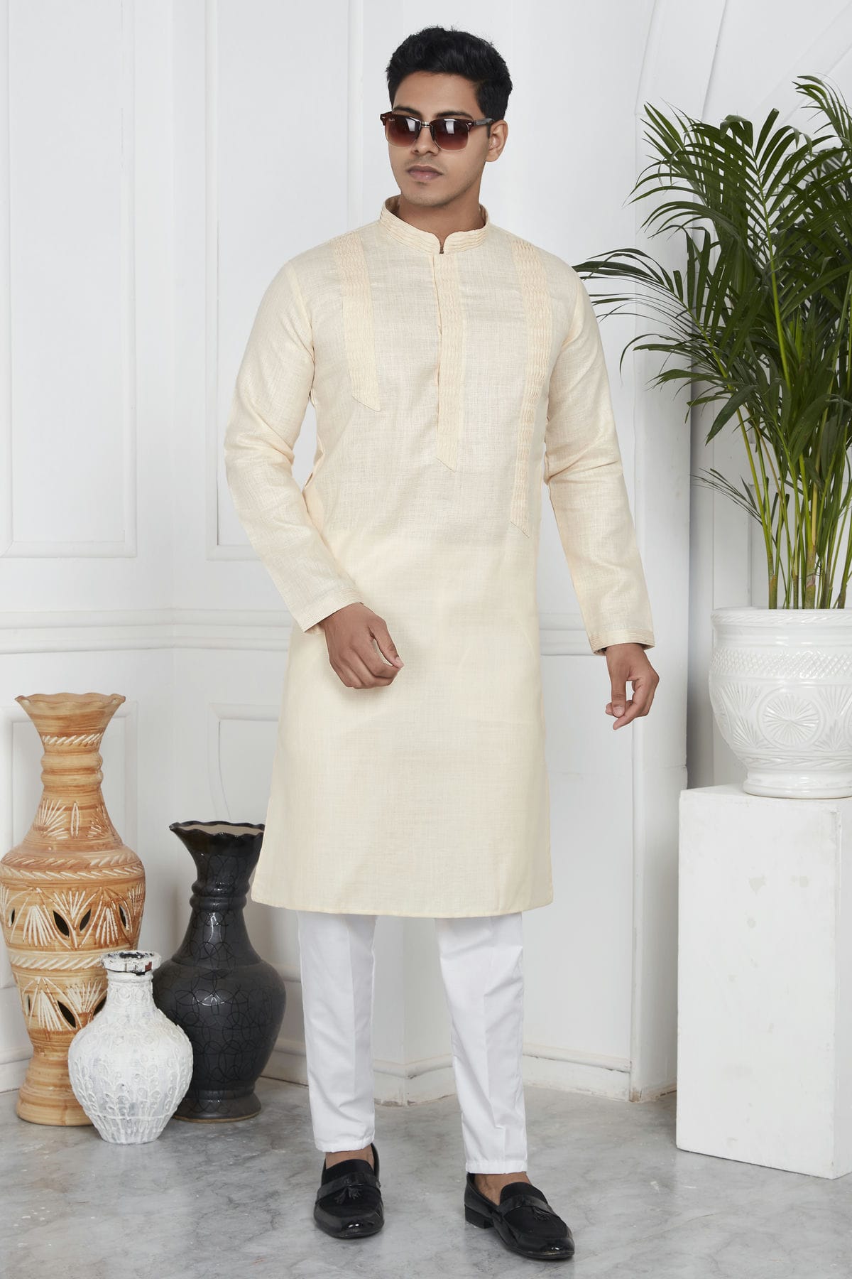 Beige Colour Linen Cotton Pintex Work Kurta Pajama VSKP1230125