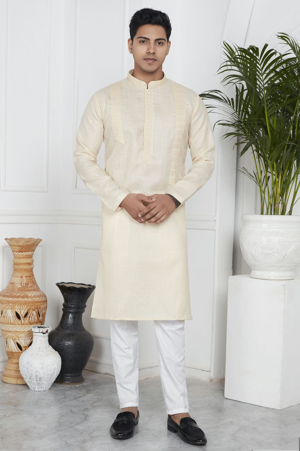 Beige Colour Linen Cotton Pintex Work Kurta Pajama