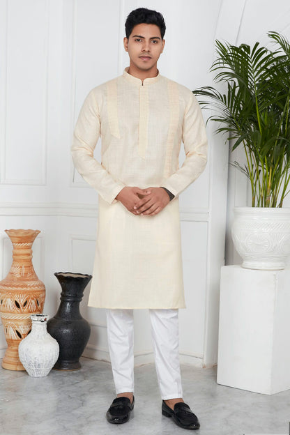 Beige Colour Linen Cotton Pintex Work Kurta Pajama