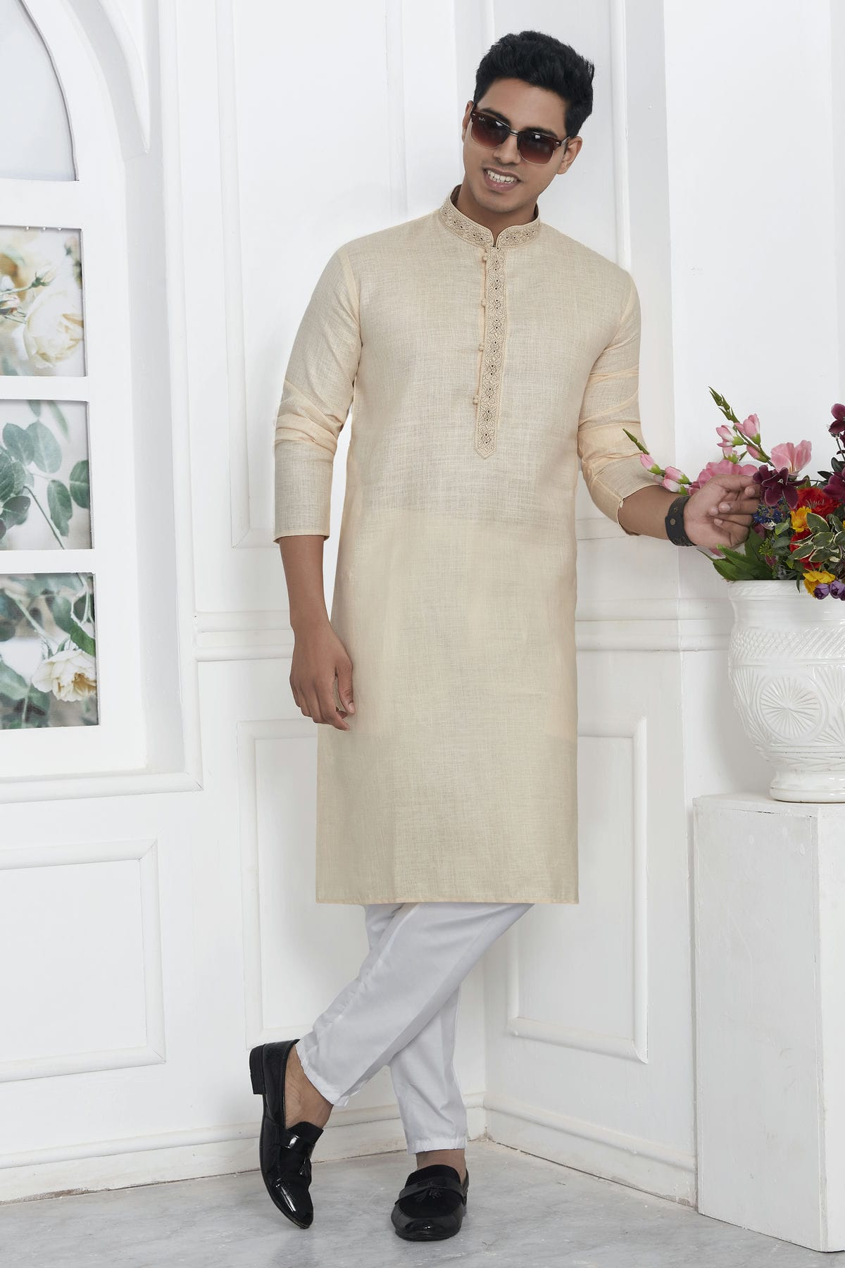 Beige Colour Linen Cotton Thread Work Kurta Pajama VSKP1230145