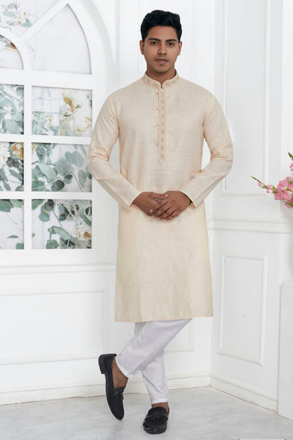 Beige Colour Linen Cotton Thread Work Kurta Pajama