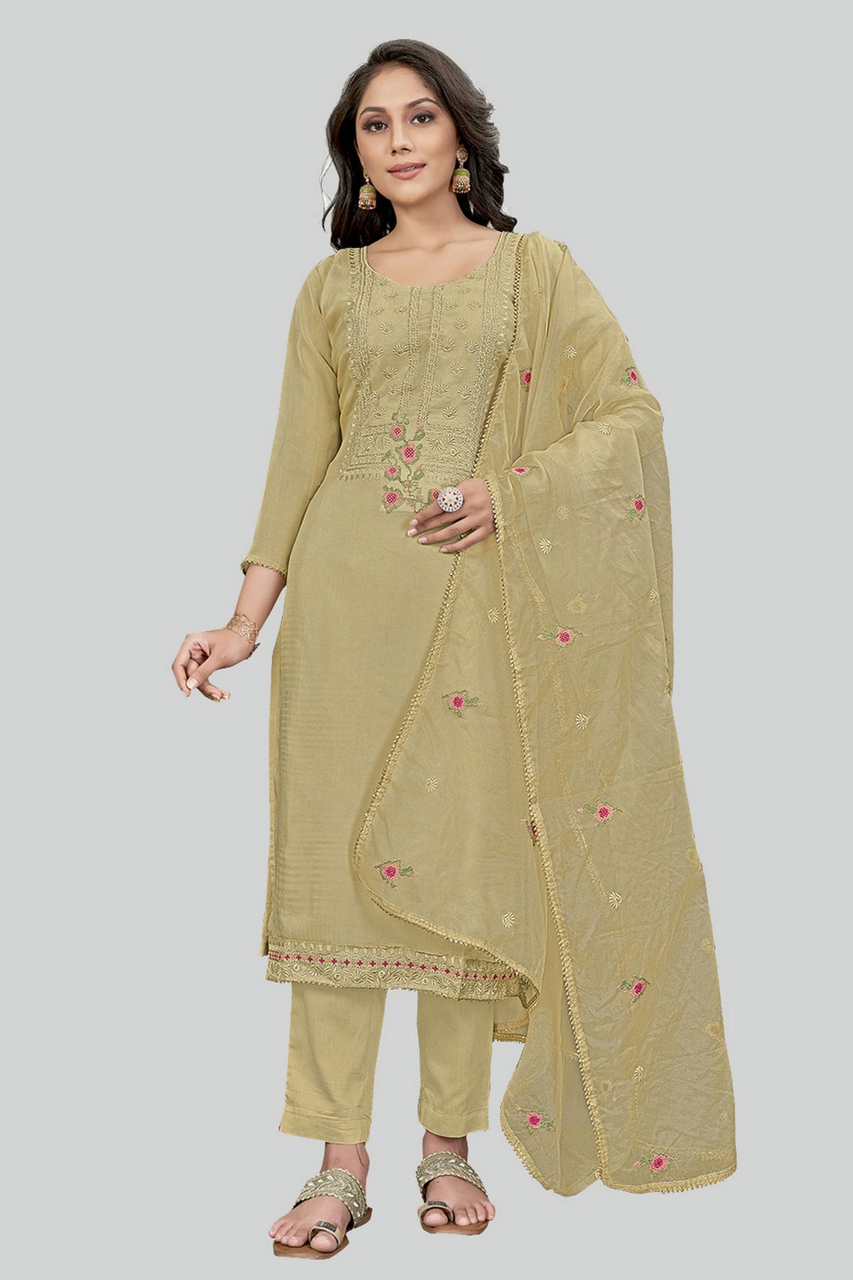 Beige Colour Modal Silk Pant Style Suit