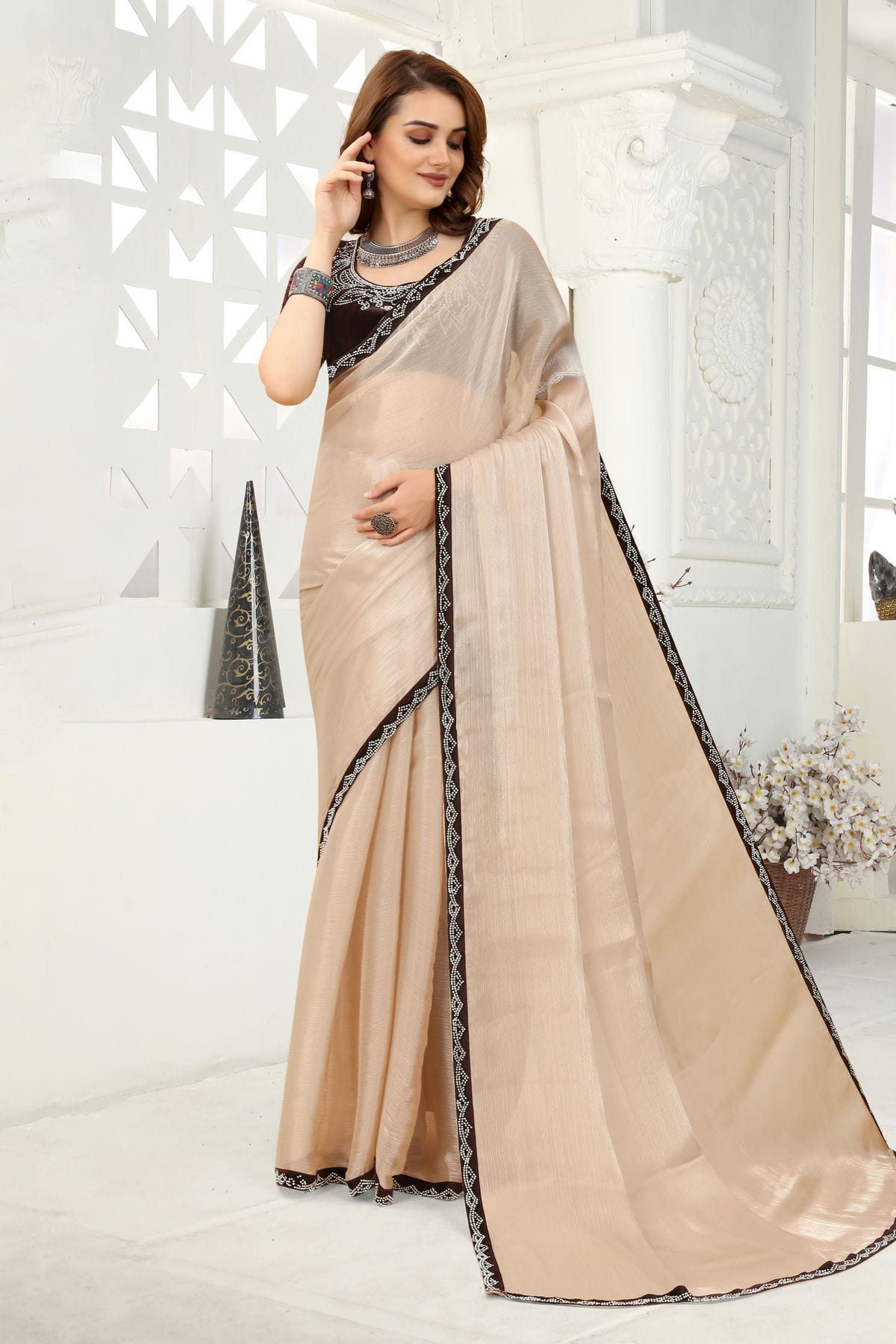 Beige Colour Organza Designer Saree