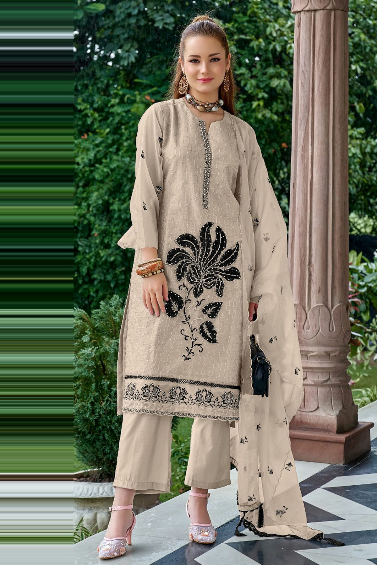 Beige Colour Organza Pakistani Suit