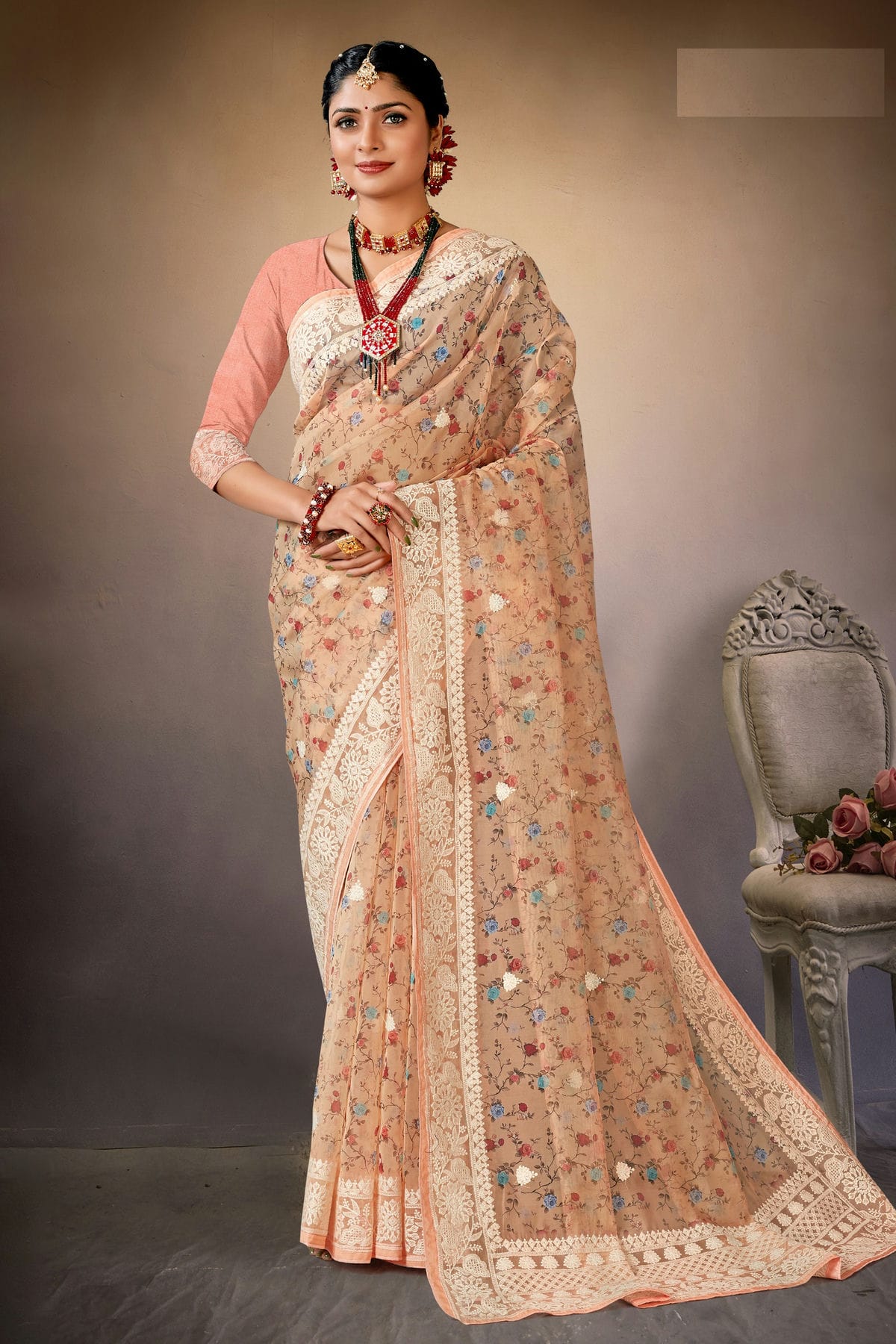 Beige Colour Organza Printed Saree