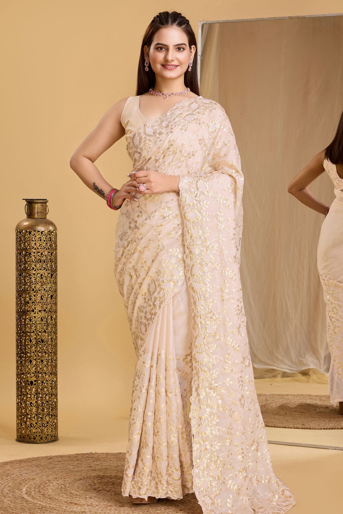 Beige Colour Organza Saree