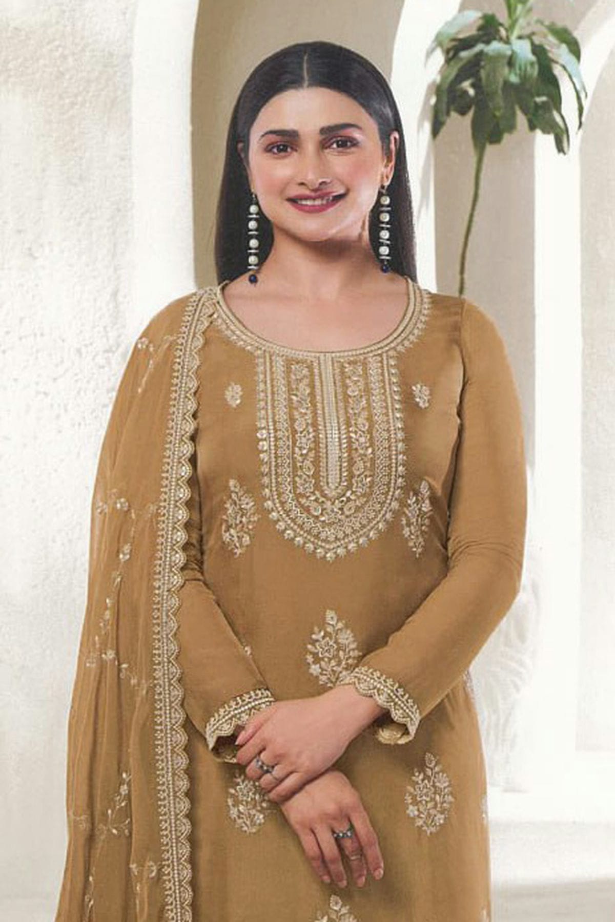 Beige Colour Organza Silk Pant Style Suit