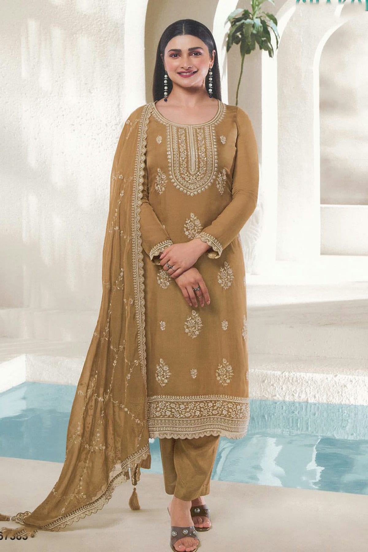 Beige Colour Organza Silk Pant Style Suit