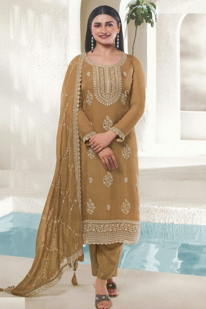 Beige Colour Organza Straight Suit