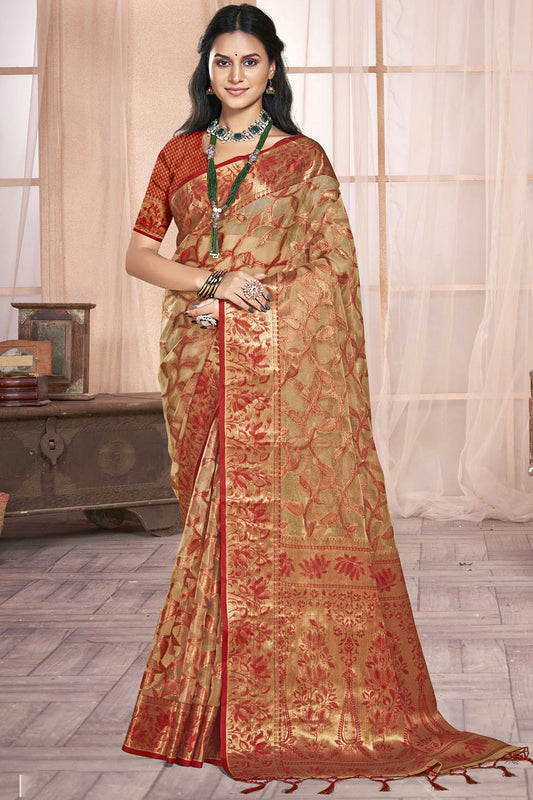 Beige Colour Organza Traditional Saree