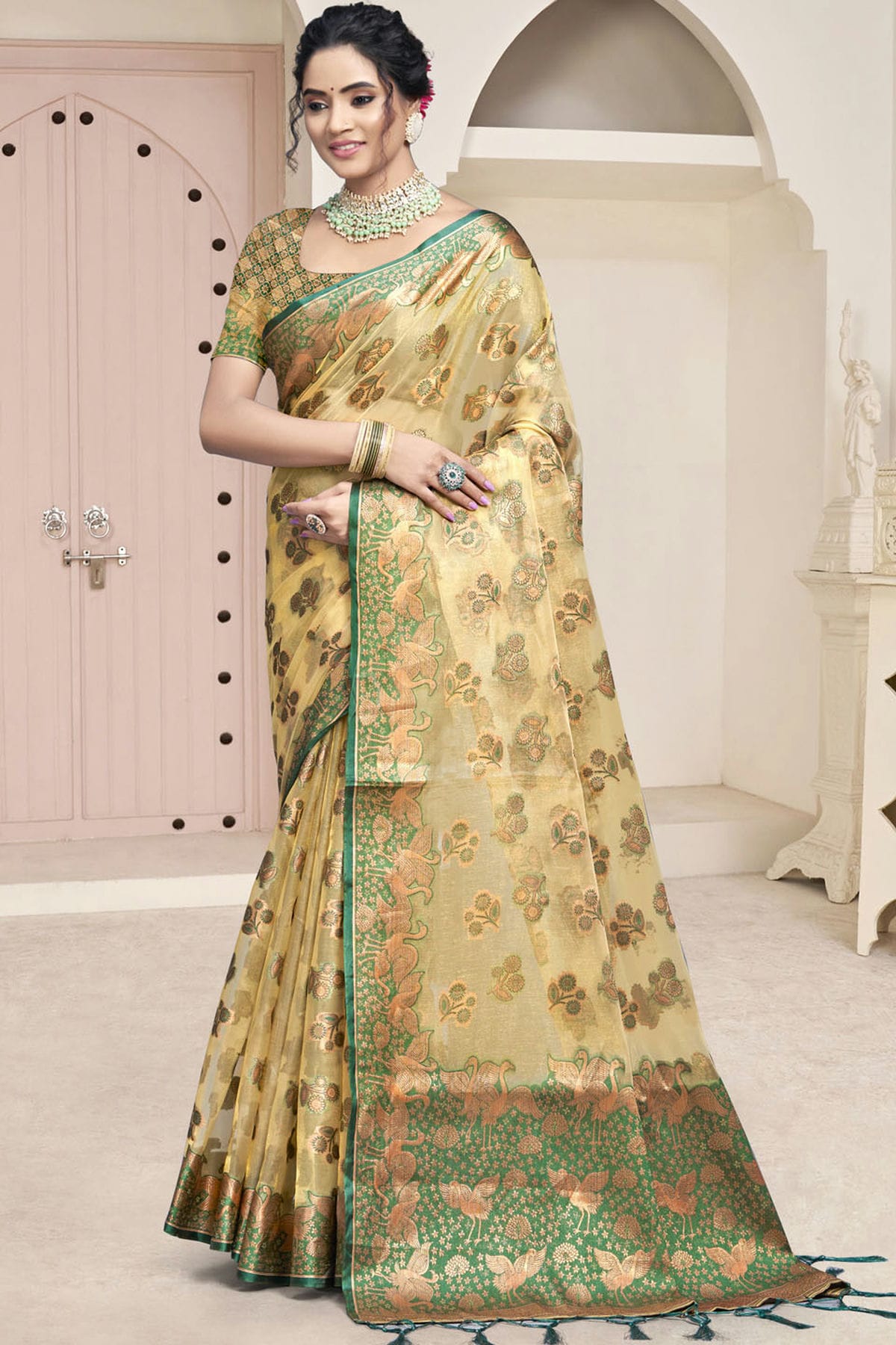 Beige Colour Organza Traditional Saree