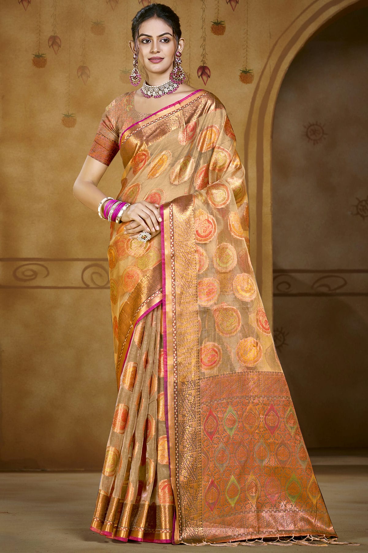 Beige Colour Organza Woven Work Traditional Saree