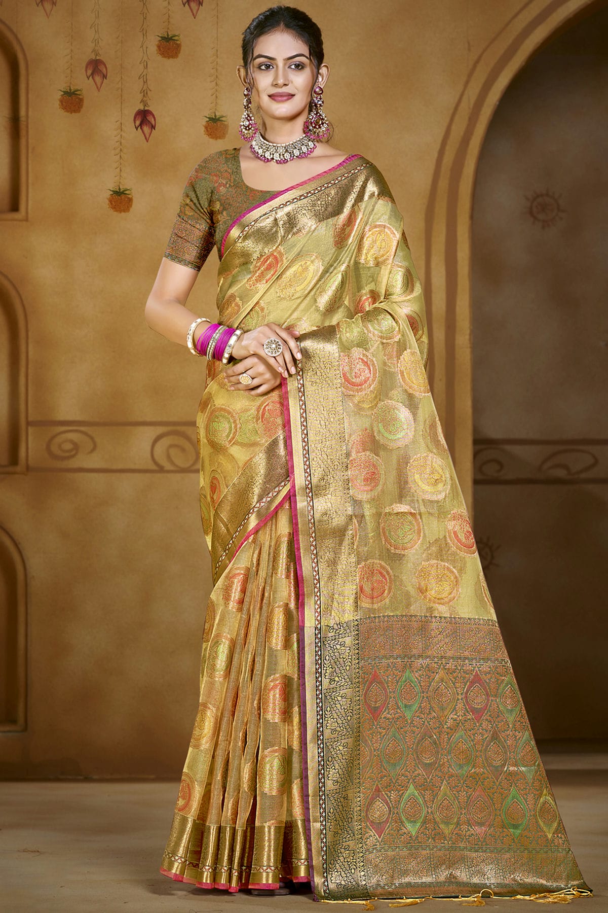 Beige Colour Organza Woven Work Traditional Saree