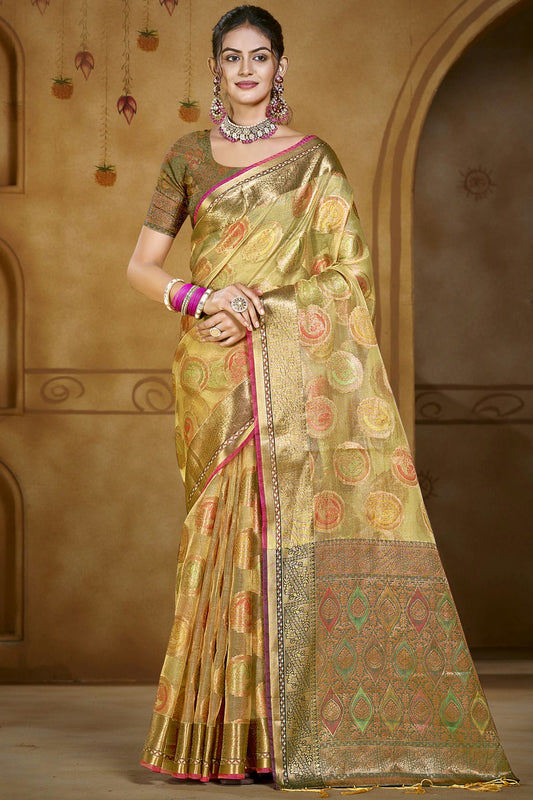 Beige Colour Organza Woven Work Traditional Saree