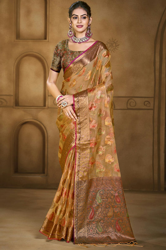 Beige Colour Organza Woven Work Traditional Saree