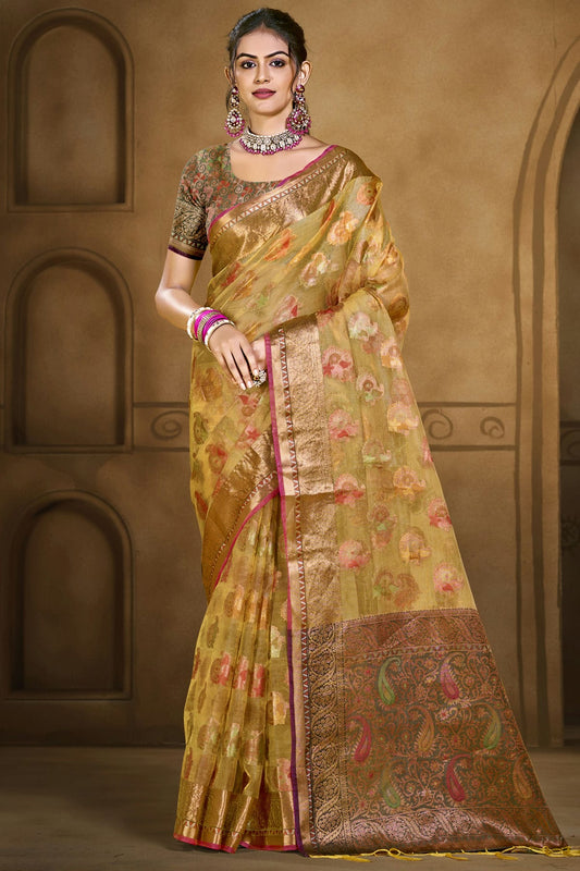 Beige Colour Organza Woven Work Traditional Saree