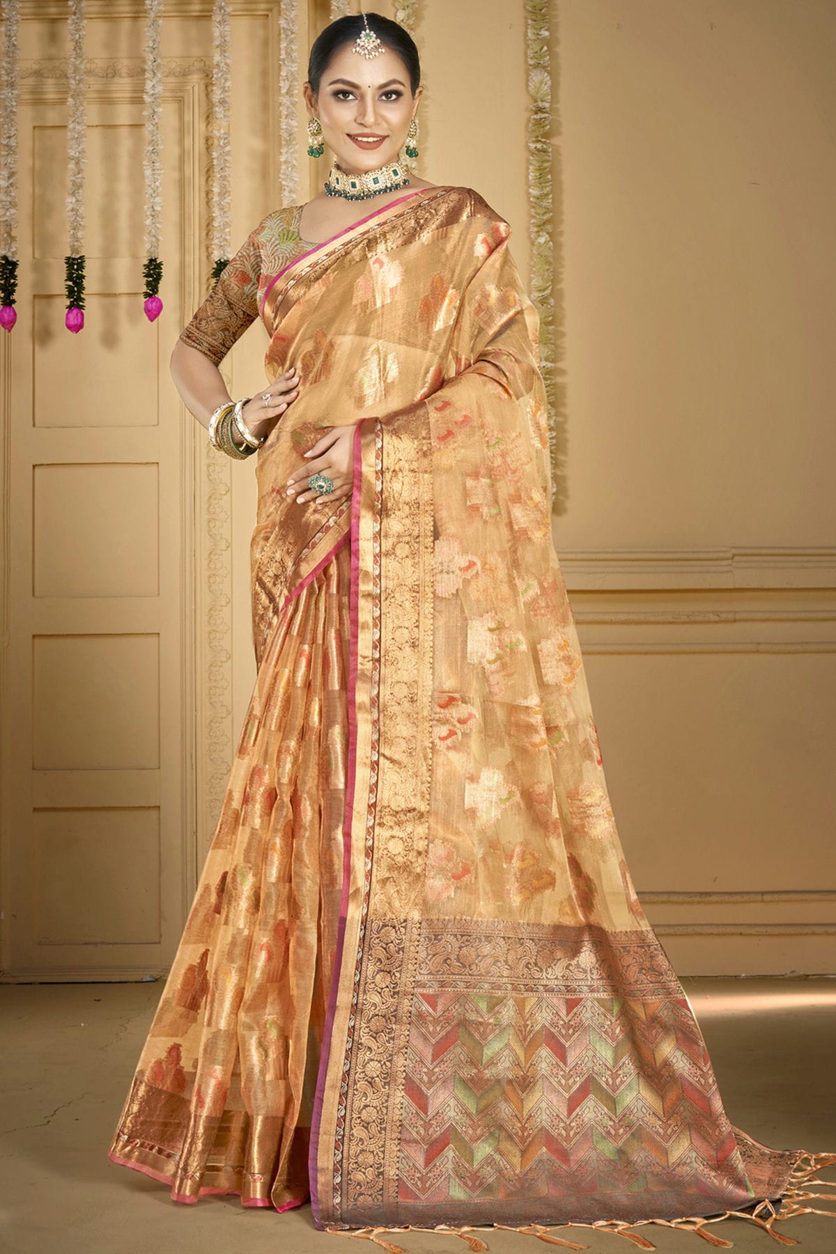 Beige Colour Organza Woven Work Traditional Saree