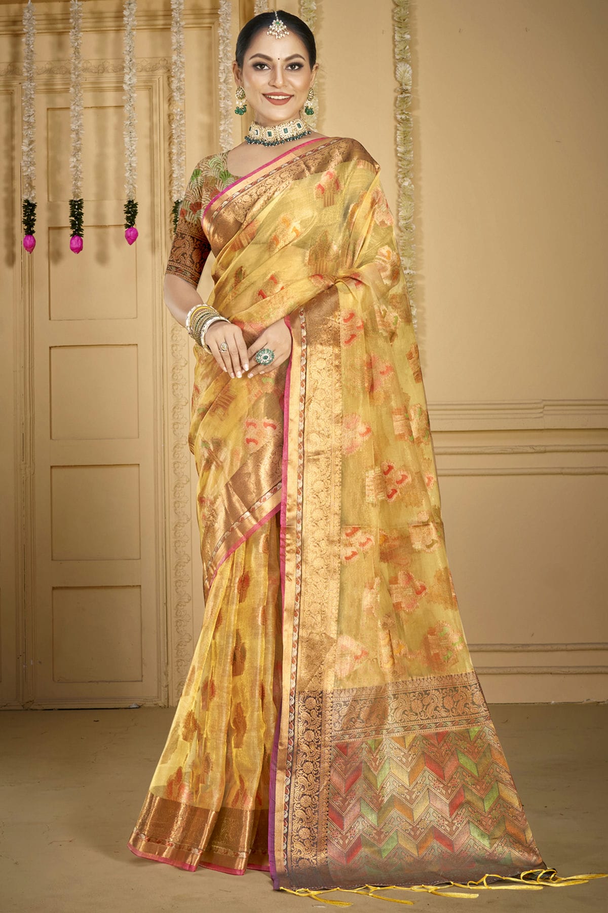 Beige Colour Organza Woven Work Traditional Saree