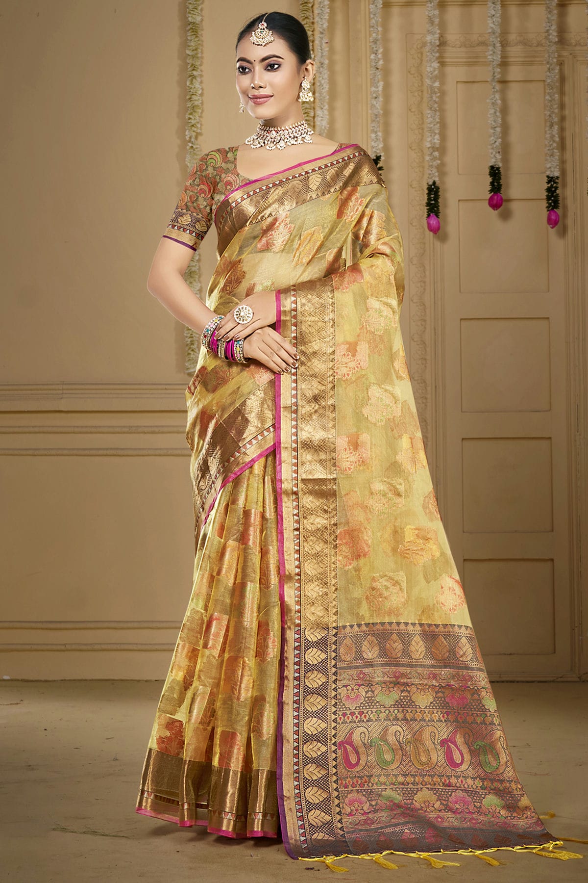 Beige Colour Organza Woven Work Traditional Saree