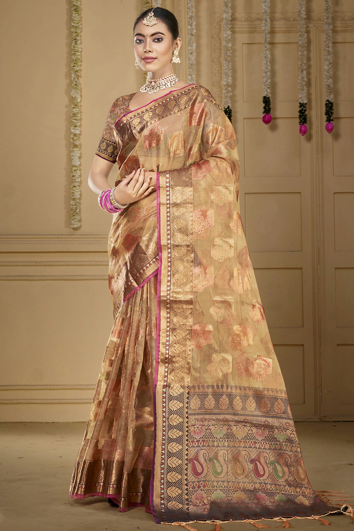 Beige Colour Organza Woven Work Traditional Saree