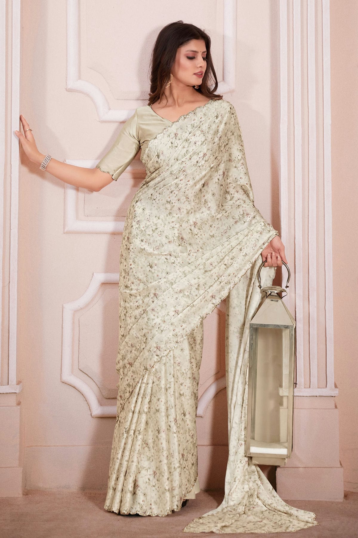 Beige Colour Pure Satin Designer Saree