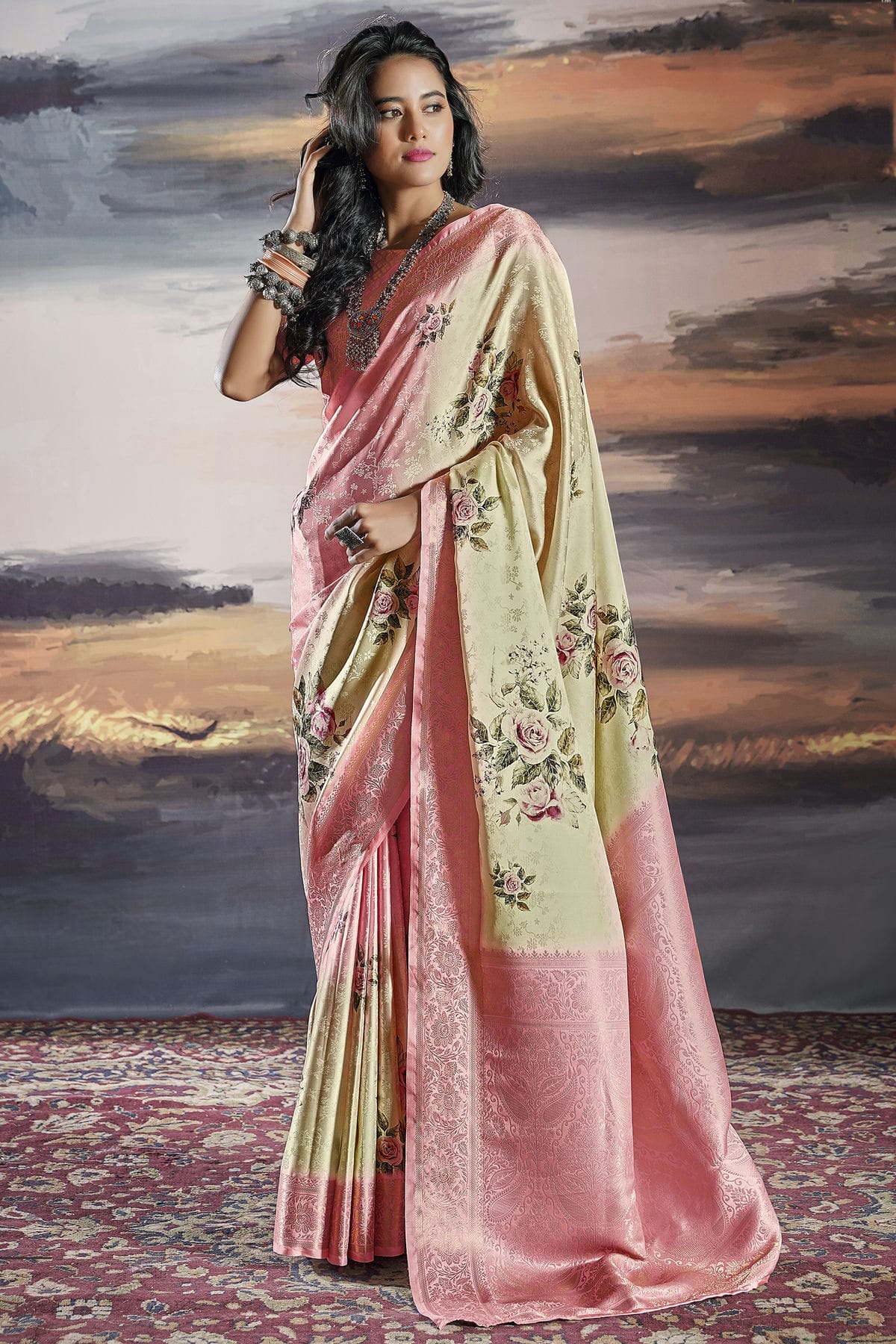 Beige Colour Satin Traditional Saree