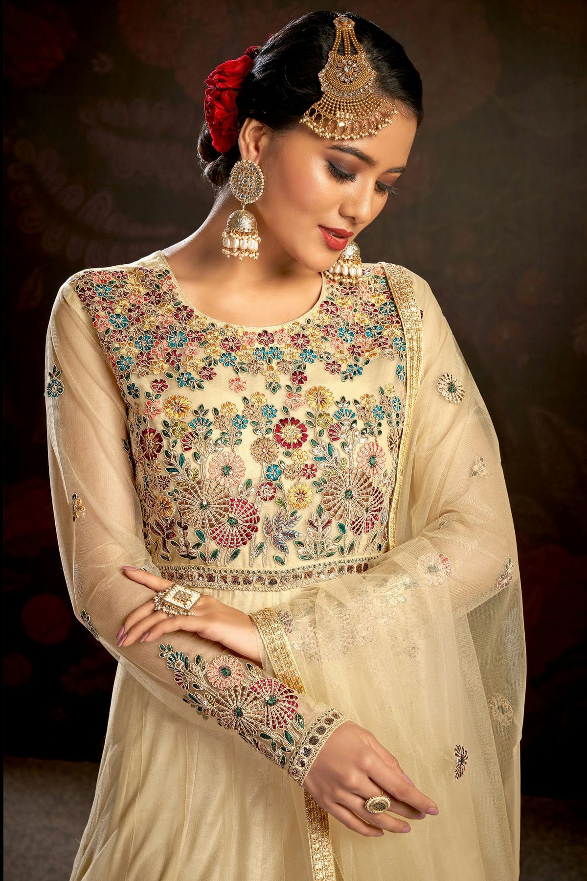 Beige Colour Semi Stitched Butterfly Net Anarkali Suit