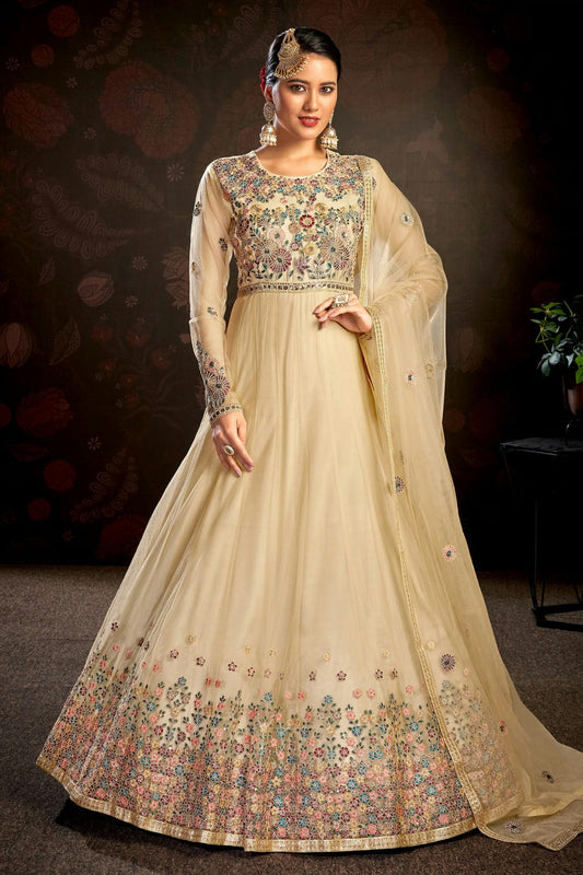 Beige Colour Semi Stitched Butterfly Net Anarkali Suit