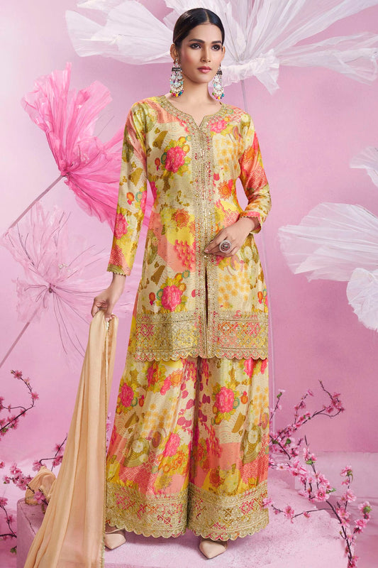 Beige Colour Semi Stitched Chinon Silk Palazzo Pant Suit VSSM1140703