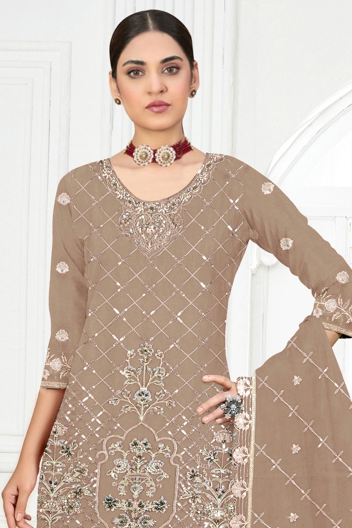 Beige Colour Semi Stitched Faux Georgette Pakistani Suit