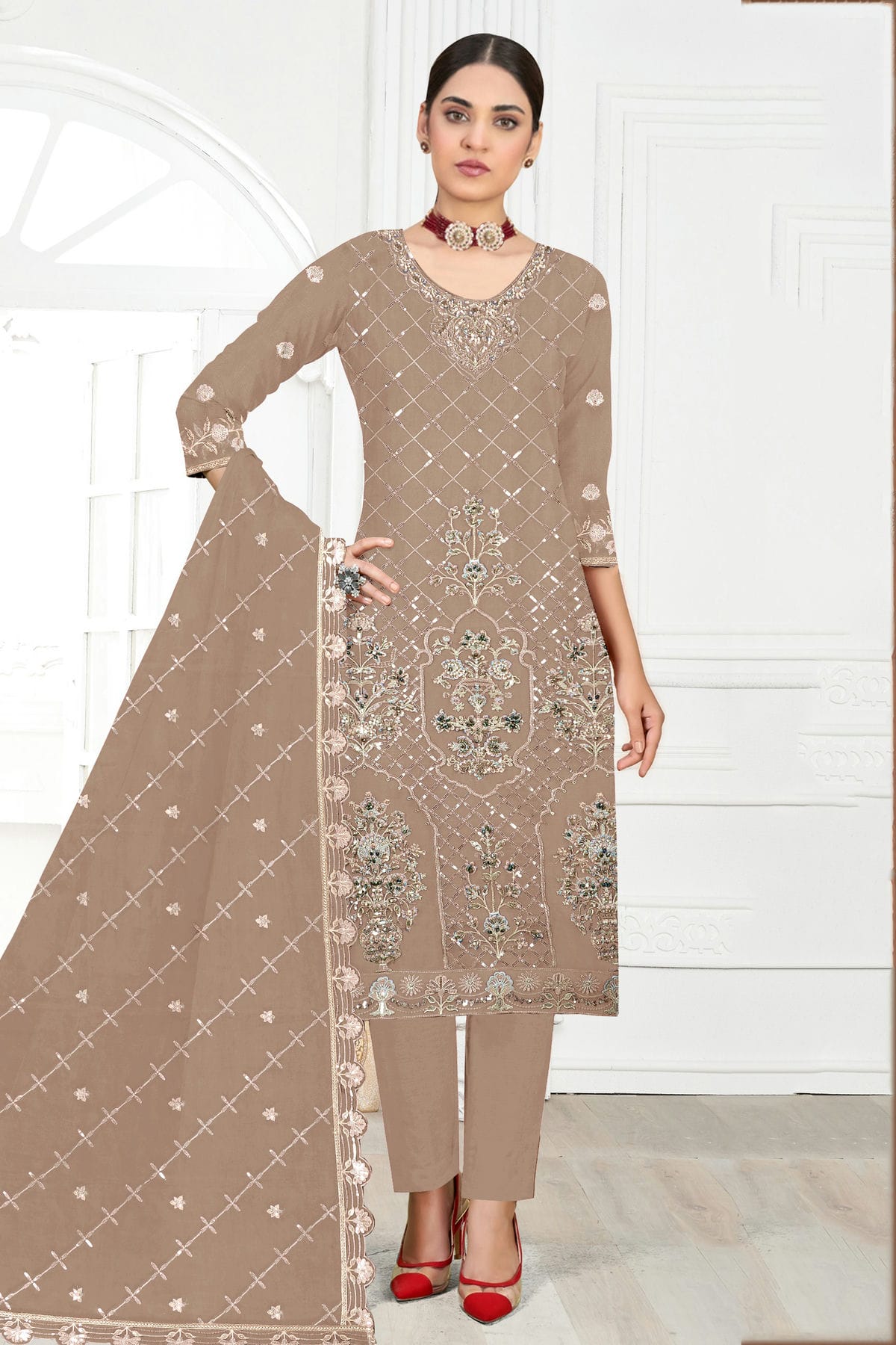 Beige Colour Semi Stitched Faux Georgette Pakistani Suit