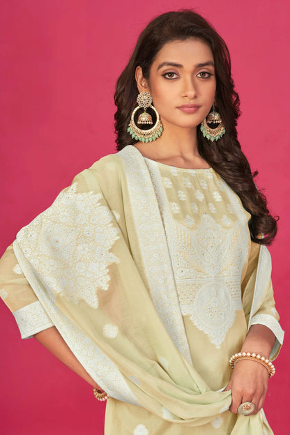 Beige Colour Semi Stitched Jacquard Straight Suit