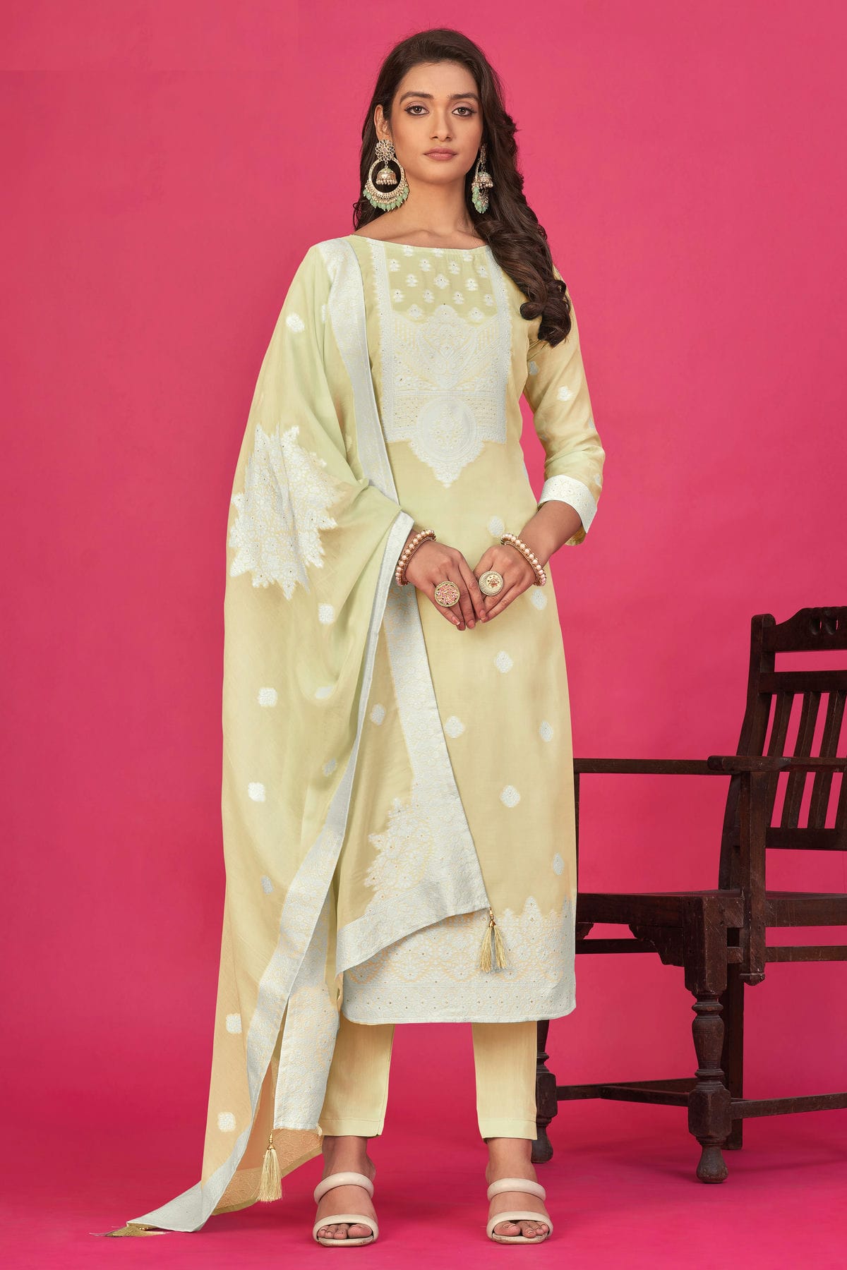 Beige Colour Semi Stitched Jacquard Straight Suit