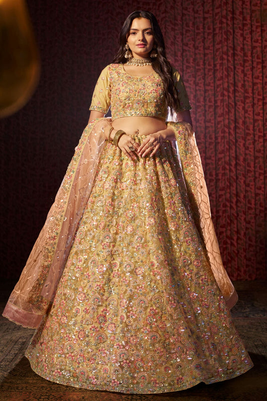 Beige Colour Semi Stitched Net Lehenga Choli