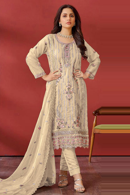 Beige Colour Semi Stitched Organza Pakistani Suit