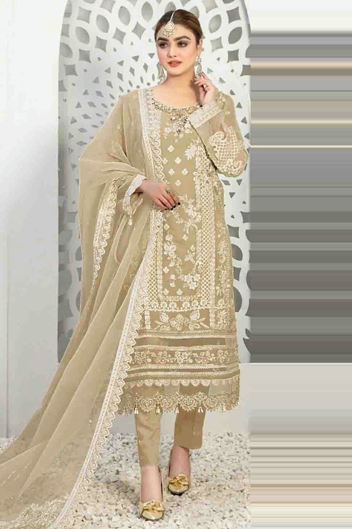 Beige Colour Semi Stitched Organza Pakistani Suit VSSM1140655