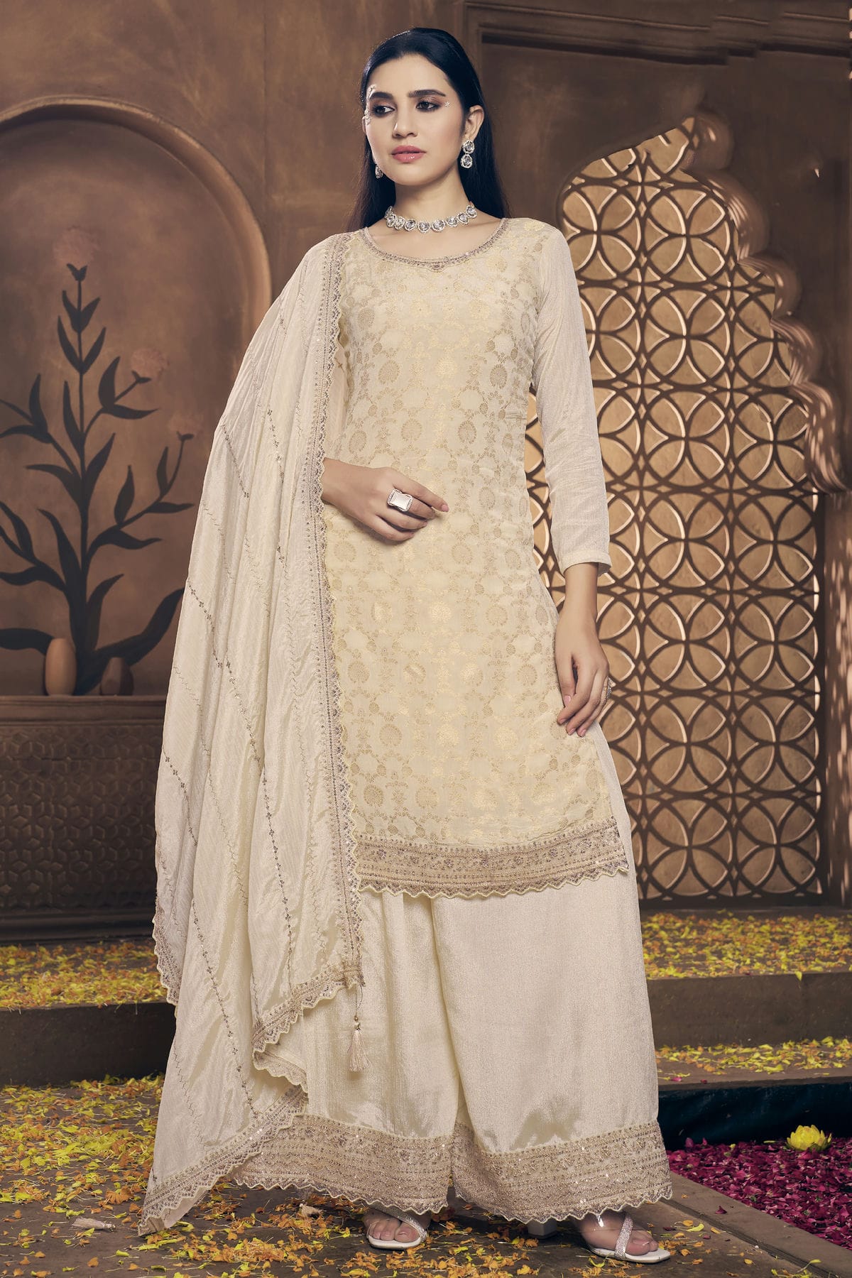 Beige Colour Semi Stitched Viscose Chinon Palazzo Pant Suit