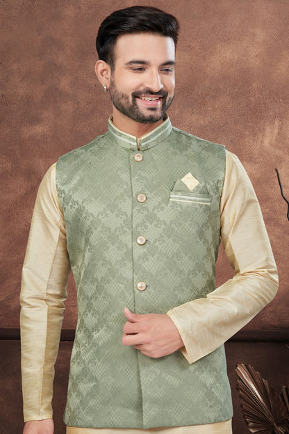 Beige Colour Silk Dupion Jacket Kurta Pajama