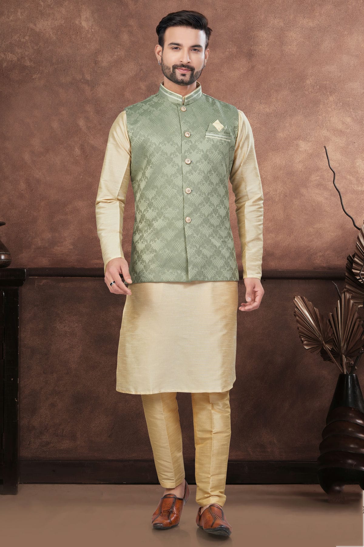 Beige Colour Silk Dupion Jacket Kurta Pajama