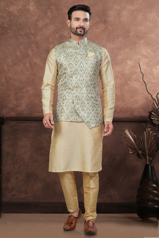 Beige Colour Silk Dupion Jacket Kurta Pajama