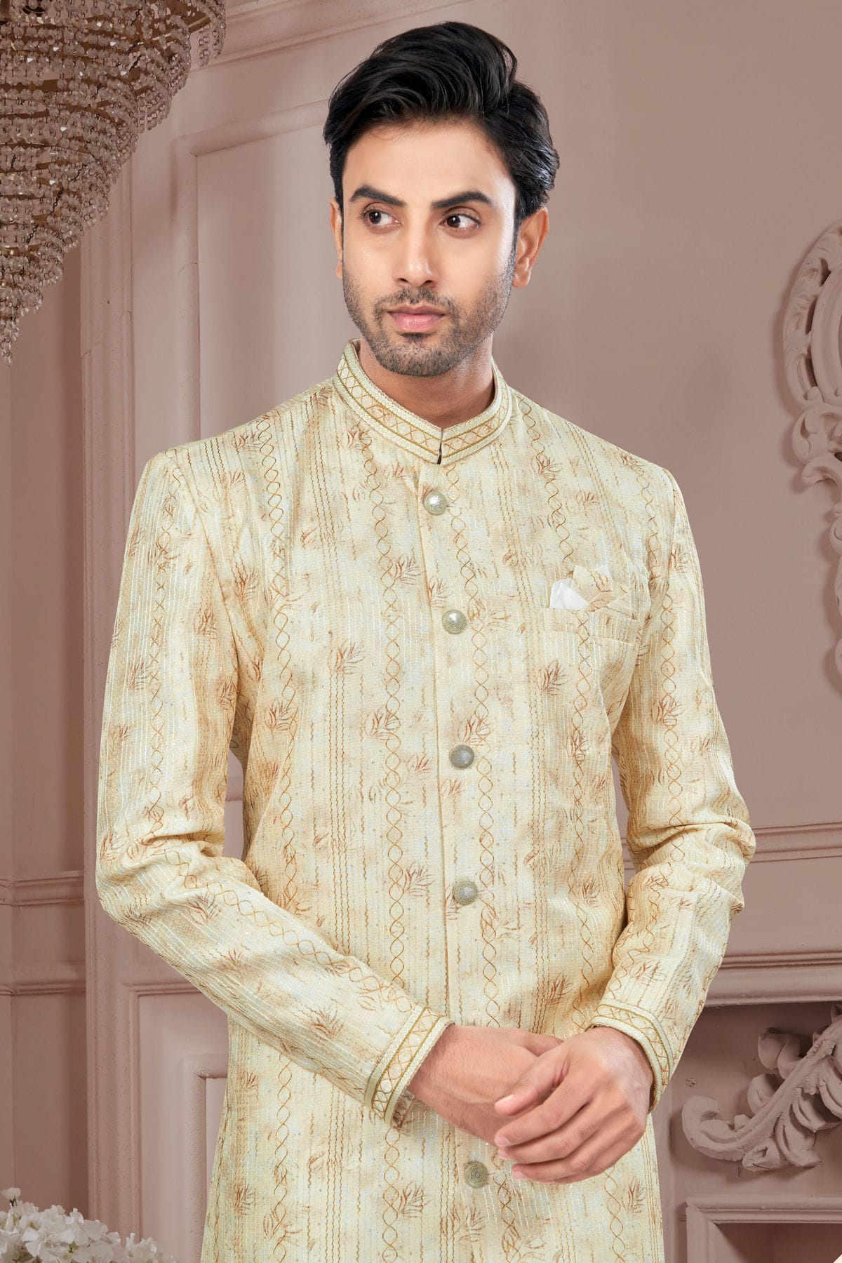 Beige Colour Silk Dupion Sherwani VSSH1040615