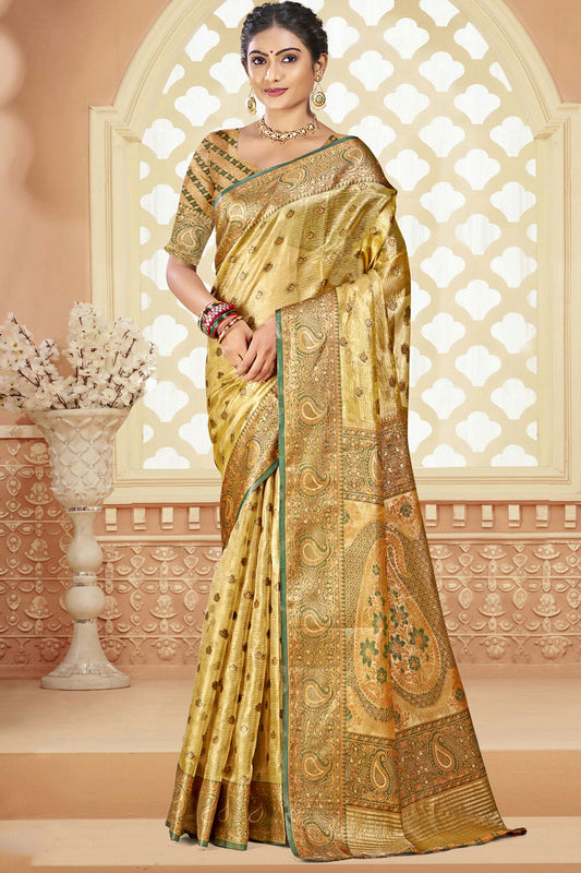 Beige Colour Silk Woven Work Traditional Saree