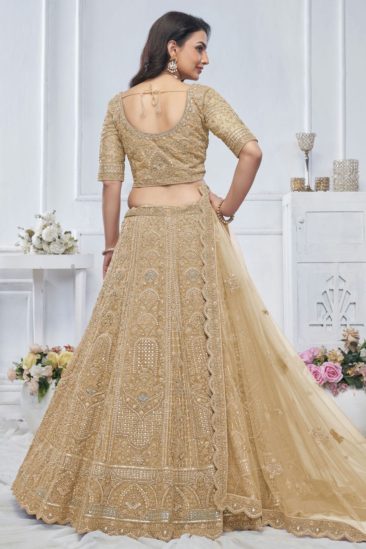 Beige Colour Soft Net Embroidery Lehenga Choli VSLC1111373