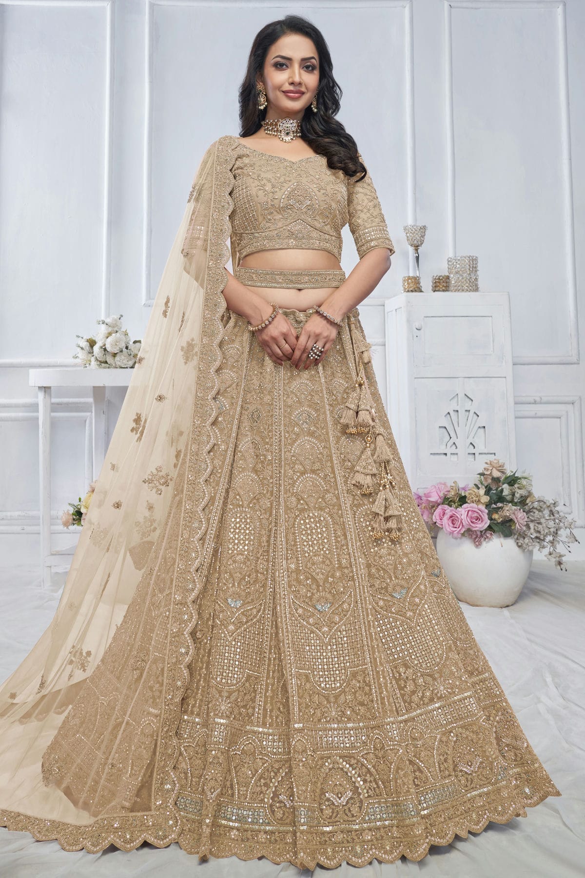 Beige Colour Soft Net Embroidery Lehenga Choli