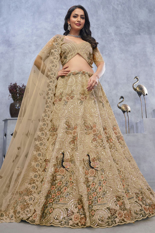 Beige Colour Soft Net Embroidery Lehenga Choli