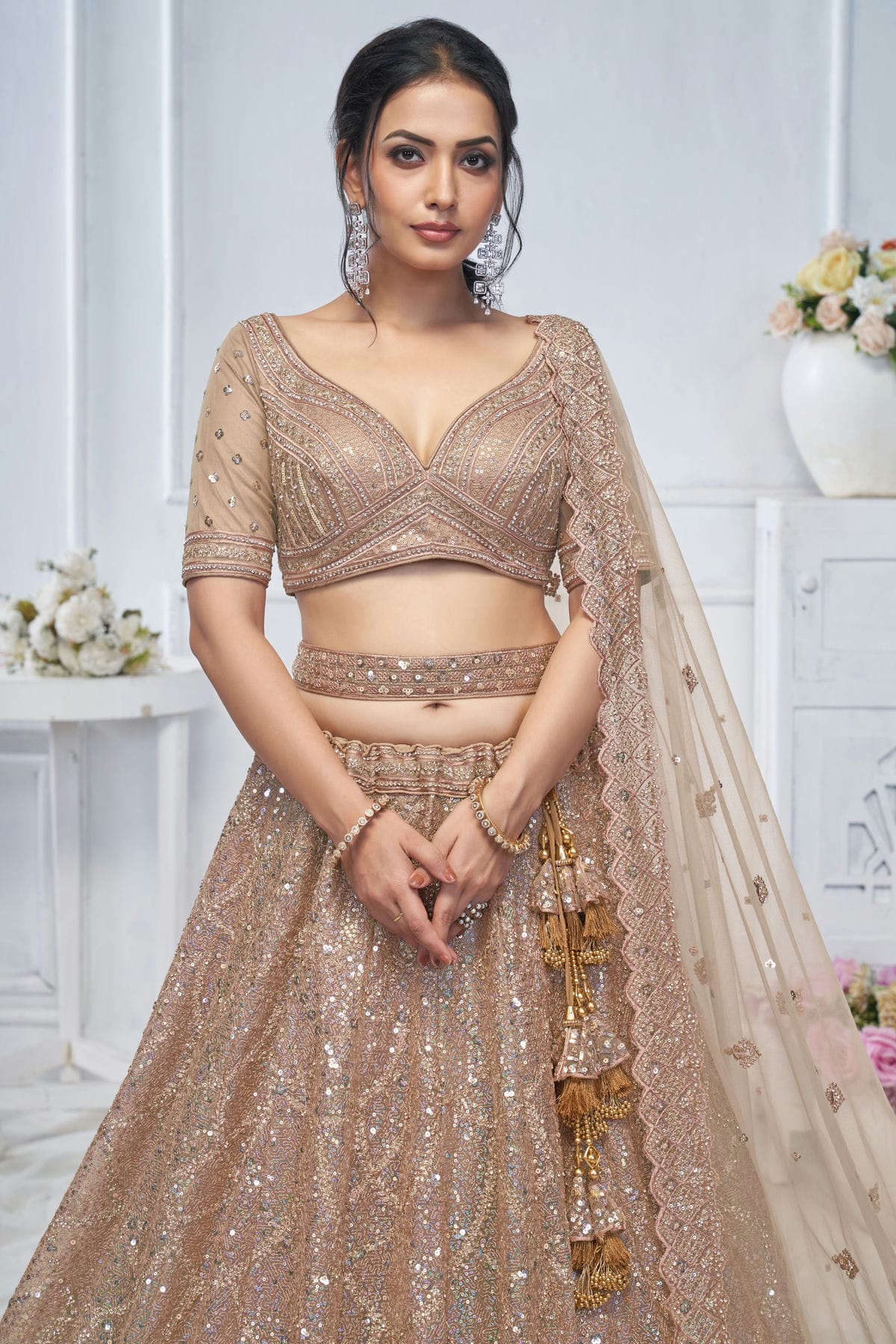 Beige Colour Soft Net Embroidery Lehenga Choli VSLC1111380