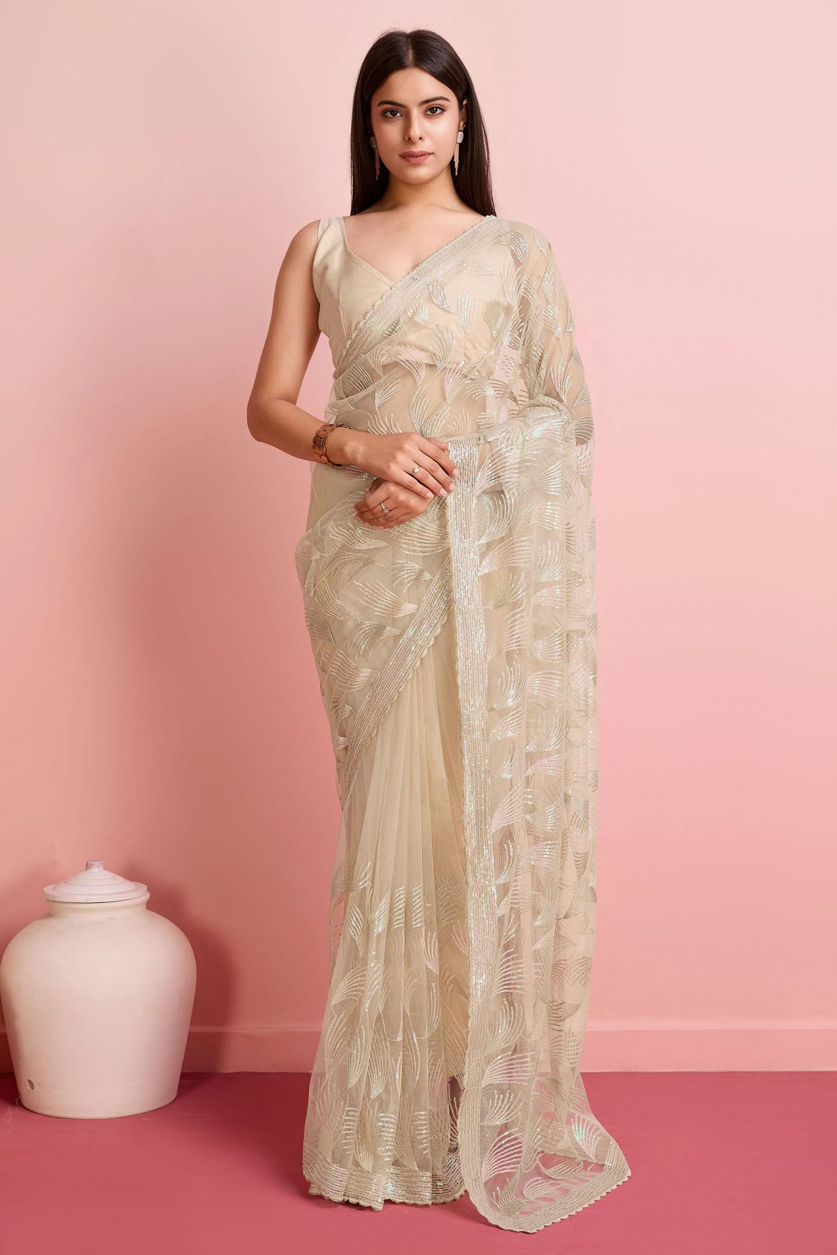 Beige Colour Soft Net Saree